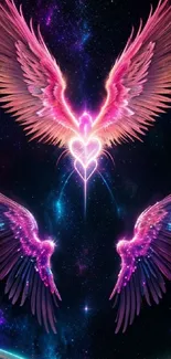 Vibrant cosmic angel wings with pink hues on a starry background.