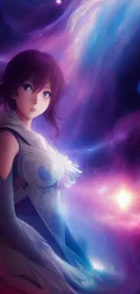 Anime character in a cosmic galaxy with vibrant purple and pink hues.