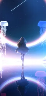 Anime girl on reflective water with cosmic backdrop.