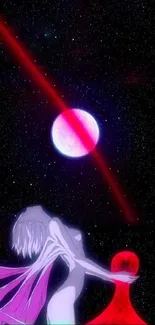 Anime figure under a cosmic starry sky with a red planet in the background.