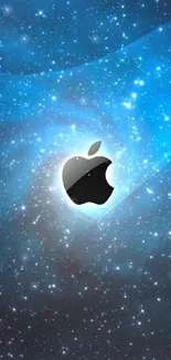 Apple logo in a starry blue galaxy background wallpaper.