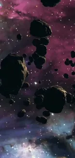 A stunning cosmic view of asteroids in outer space with a purple nebula backdrop.