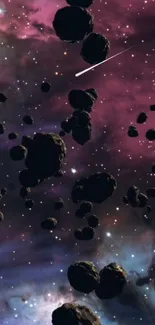 Purple cosmic wallpaper with asteroids and nebula backdrop.