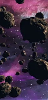 Asteroid field in a vibrant purple nebula space wallpaper.