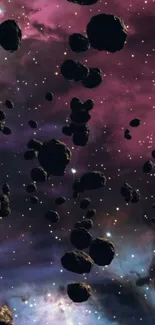 Asteroid field in a purple nebula space scene for mobile wallpaper.