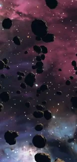 Asteroid field in a purple galaxy with stars.