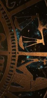 Bronze zodiac design against cosmic background.