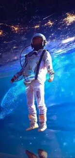 Astronaut floating in space with Earth and stars in the background.