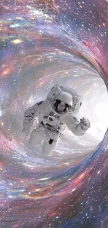 Astronaut floating in cosmic galaxy tunnel wallpaper.