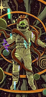 Surreal cosmic astronaut with planets and stars wallpaper.