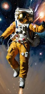 Vibrant wallpaper showcasing an astronaut in a cosmic space setting with galaxies.