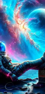 Astronaut relaxing beneath vibrant galaxies with floating planets.