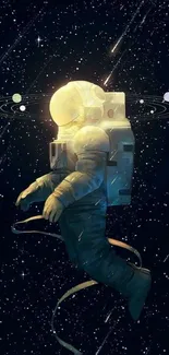 Astronaut floating in space with stars and planets.