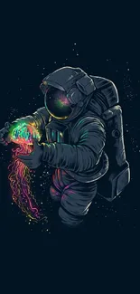 Vibrant cosmic astronaut with neon colors on a dark background.