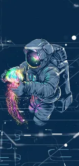 Astronaut holding colorful cosmic energy in a dark blue space-themed art wallpaper.