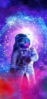 Astronaut amidst vibrant cosmic colors with a galaxy background.