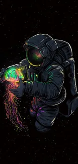 Astronaut holding colorful orb in space on dark background.