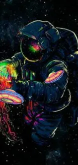 Vibrant neon astronaut in space art.