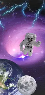 Astronaut floating in cosmic scene with lightning and planets.