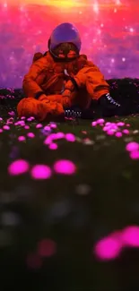 Astronaut sits among glowing pink flowers under a cosmic sky.