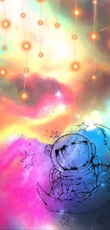 Vibrant cosmic wallpaper with astronaut on a colorful nebula background.