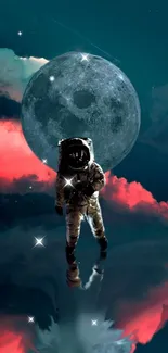 Astronaut with moon and stars in cosmic background wallpaper.