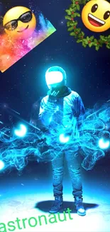 Astronaut with vibrant emojis in a cosmic blue setting.