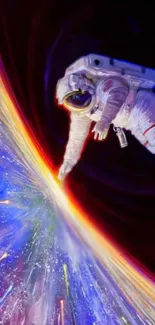 Astronaut reaching out in colorful cosmic art scene.