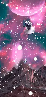 Vibrant cosmic wallpaper with astronauts and pink nebula.