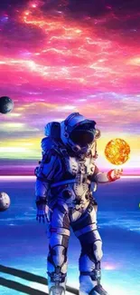 Astronaut in colorful cosmic space holding a glowing orb, surrounded by planets.