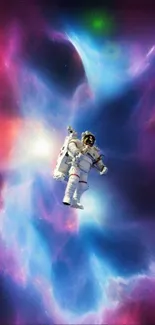 Astronaut floating in colorful cosmic nebula.