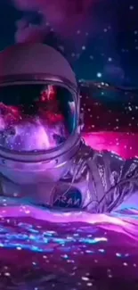 Astronaut in neon waters with cosmic backdrop.