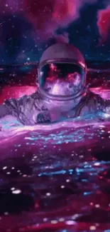 Astronaut floating in neon cosmic waves mobile wallpaper.