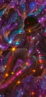 Astronaut surrounded by colorful swirling nebula and stars.