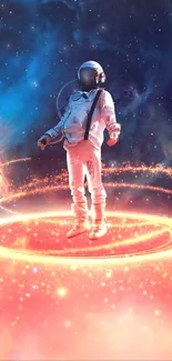 Astronaut in vivid orange cosmic setting, floating with light rings.