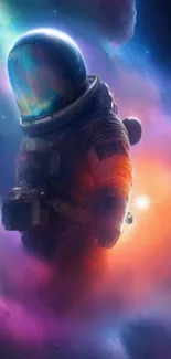 Vivid space-themed mobile wallpaper featuring an astronaut in cosmic colors.