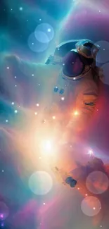 Astronaut drifting through a vibrant cosmic nebula in space.