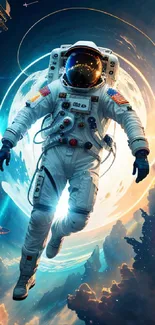 Astronaut floating in space with a cosmic backdrop in a mobile wallpaper.