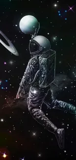 Astronaut floating in cosmic space with vibrant stars and planets.