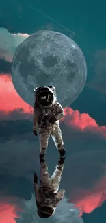 Astronaut reflected under a moonlit sky with pink clouds in a surreal scene.