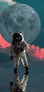 Astronaut walking on water with moon and colorful sky in background.