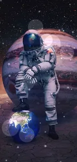 Astronaut poses with planet against cosmic background on mobile wallpaper.