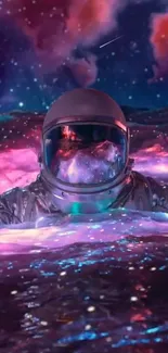 Astronaut immersed in vibrant cosmic landscape, surrounded by purple galaxies.