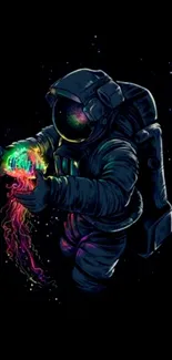 Artistic wallpaper of an astronaut holding glowing colors in space.