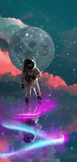 Astronaut against moon and neon space clouds.