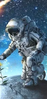 Astronaut nurturing a flower in space with a starry cosmic background.