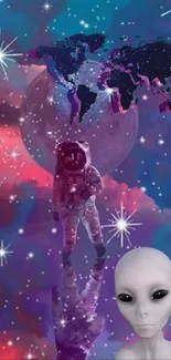 Astronaut and alien in a cosmic landscape with stars and world map.