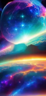 Vibrant cosmic wallpaper with planets and nebula clouds.