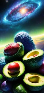 A surreal cosmic scene with avocados and galaxies in vibrant colors.