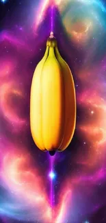 A surreal banana floats in a vibrant cosmic galaxy background.